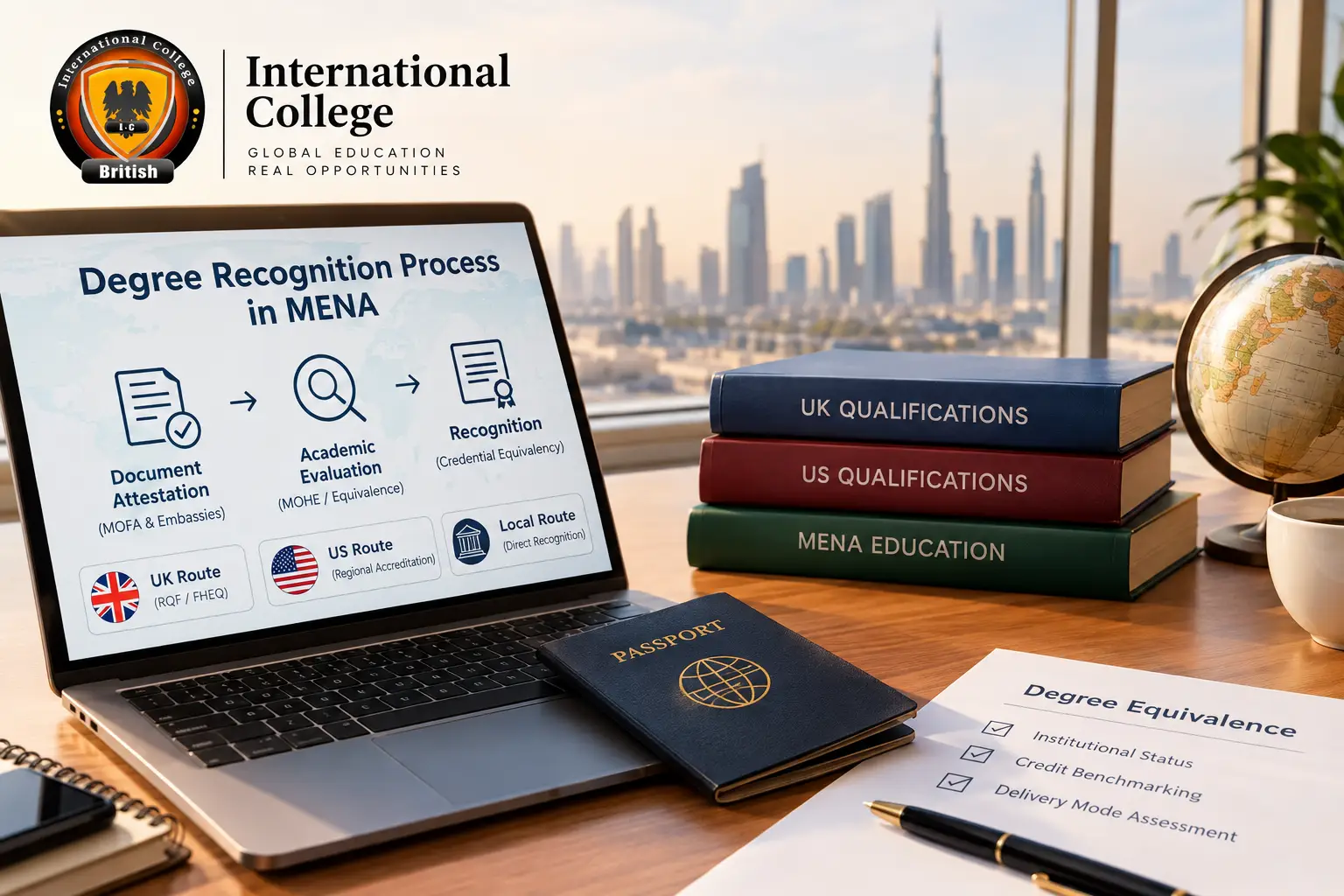 Infographic explaining the degree recognition process in MENA for UK and US distance learning qualifications.